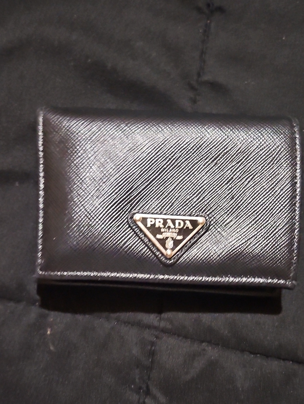 Prada Black Saffiano Tri-fold Card Wallet with Silver Logo